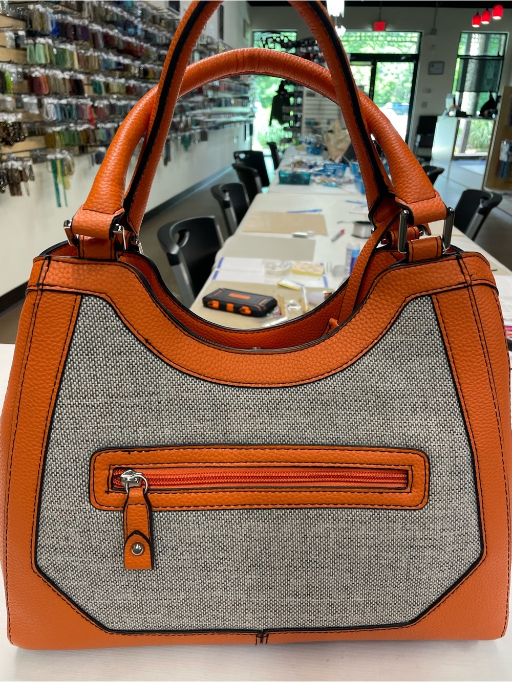 🧡 London Fog Linen & Orange Satchel Tote Bag NWT Summer Resort Chic top handle - Picture 2 of 5